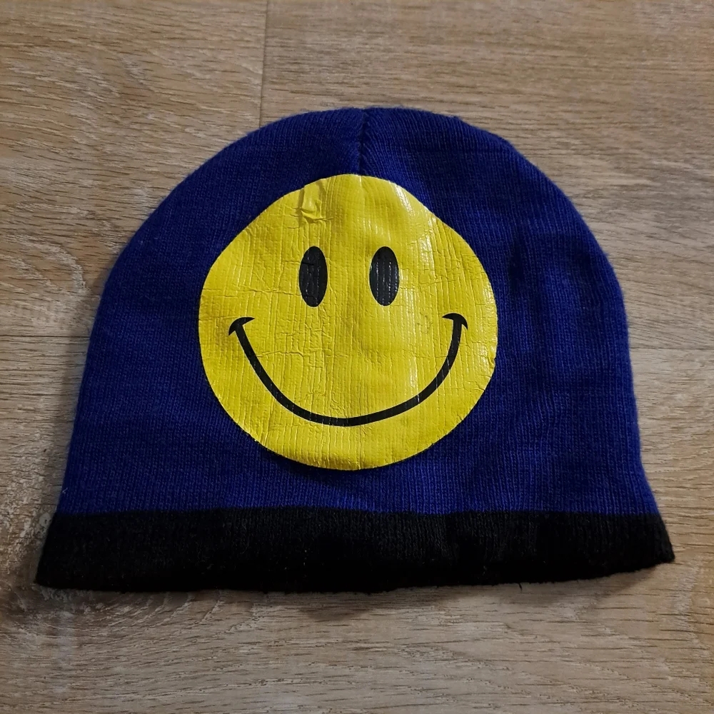 Toddler's Yellow Black Smiley Face on Blue Black Trim Beanie One Size